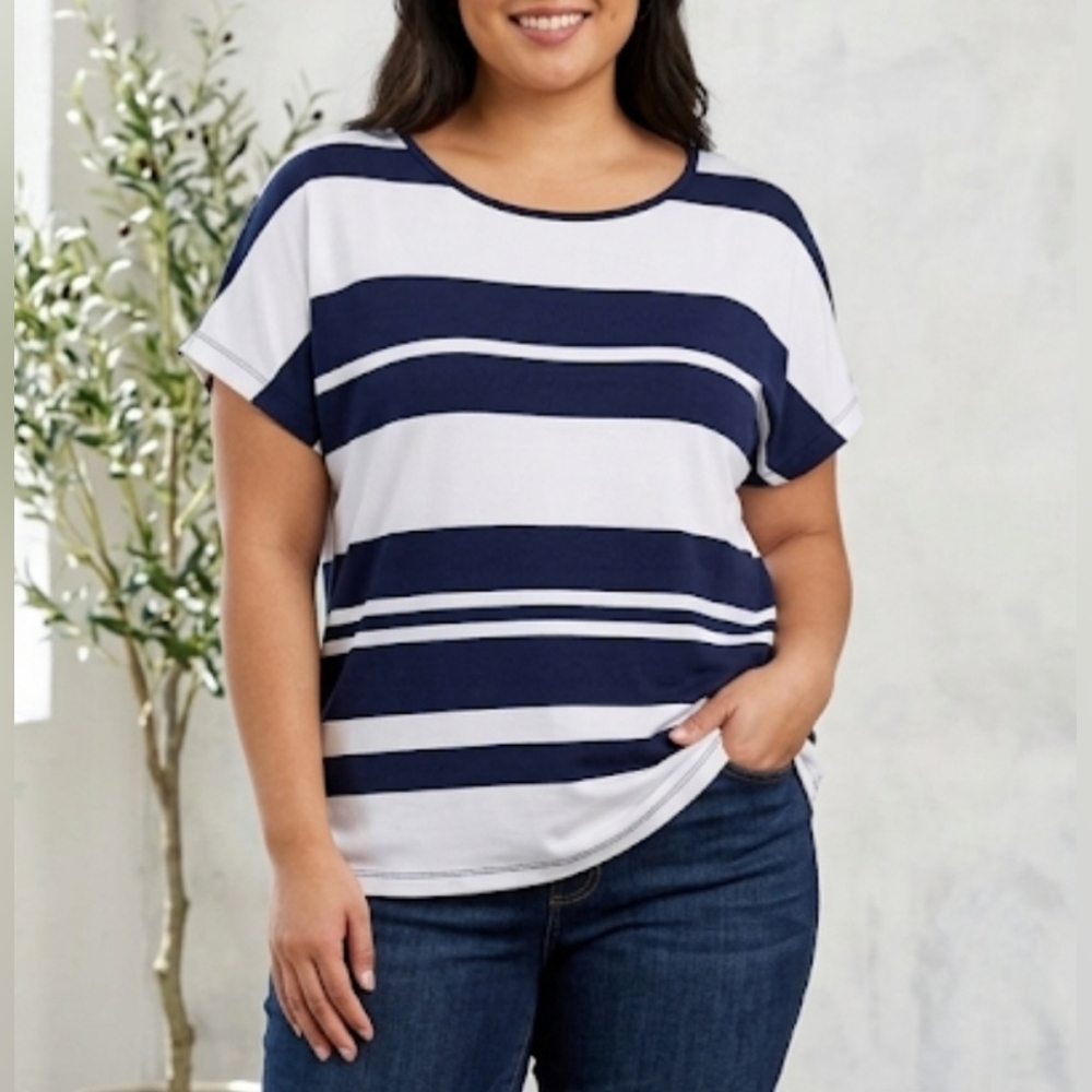 ​⚓ Suzy Shier Navy & White Striped Short Sleeve Keyhole Tie Back Blouse 1X